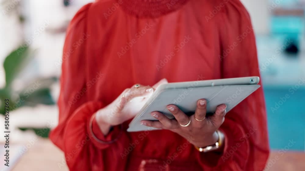Poster scrolling, connection and hands of a woman with a tablet for communication, website and email. busin
