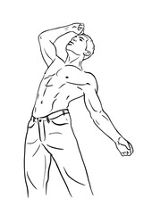 Vector black and white illustration with athletic young athletic man in jeans bare chested. subject as a bodybuilder