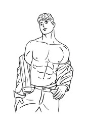 Vector black and white illustration with athletic young athletic man in jeans bare chested. subject as a bodybuilder