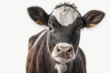 Portrait of a young cow on a white background. Generative AI