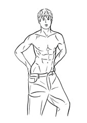 Vector black and white illustration with athletic young athletic man in jeans bare chested. subject as a bodybuilder