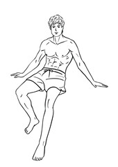 Vector black and white image with the young brawny athletic guy in pants. Subjects are sports, athletes, athletes, bodybuilding