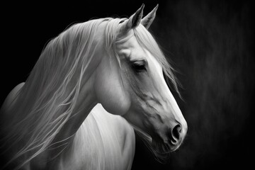The black and white art portrait of a white horse. Generative AI