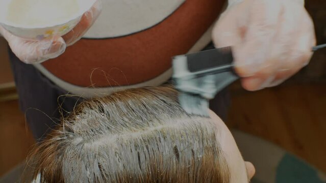 The hairdresser's hand paints gray hair roots with chemical dye using a brush. Close-up of female hair coloring. The concept of painting women's hair