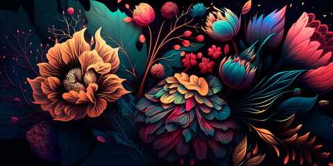 Fototapeta na wymiar A colorful floral pattern on a dark background Generative AI