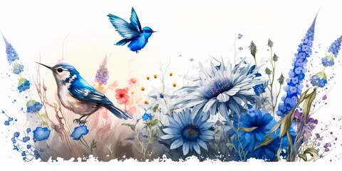 Wildflower Meadow with Cornflowers, Bluebells, Bird, and Butterfly Generative AI
