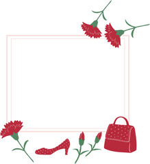 母の日のフレーム素材_赤いカーネーションと靴、かばん_ベクターイラスト