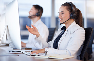 Fototapeta premium Contact us, call center or friendly woman talking in telecom communications company in help desk. Happy smile, crm or insurance sales agent working or speaking online in technical or customer support