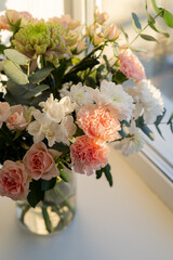 Beautiful bouquet of spring flowers. Bridal bouquet chrysanthemums and roses