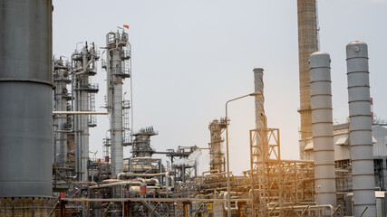 Oil Refinery Gas Chemical Equipment Prodiction import export Concept, Crude Oil Refinery Plant Steel Pump Pipe line and Chimney and Cooling tower, Chemical or Petrochemical Factory plant, industry