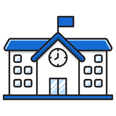 School building icon with blue and white color isolated on white background