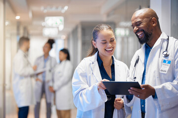 Doctors teamwork on tablet for hospital research management, employees workflow or software clinic...