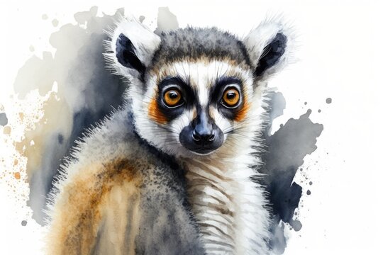 Lemur, watercolor drawing, white background, cute animals. Generative AI