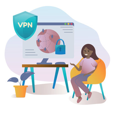 Cybersecurity and virtual private network concept. Person using VPN for computer with VPN sign. Users protecting personal data with VPN service. Vector illustration in cartoon style.