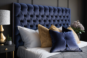 A bed and pillow with a blue headboard