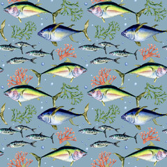 Various wild sea fish seamless pattern watercolor illustration isolated on blue.