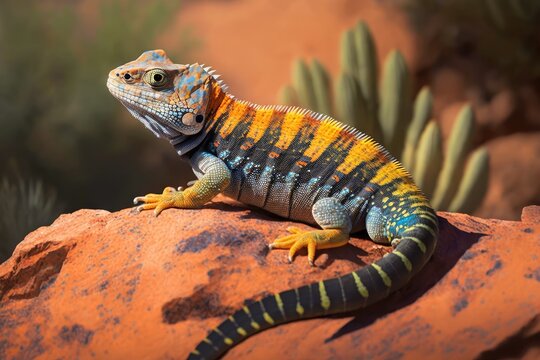 Crotaphytus collaris, a type of collared lizard, is warming up on a rock in the Sonoran Desert. In the American Southwest, a close up of a large, colorful lizard. A brightly colored native reptile sun