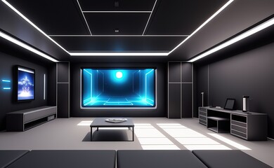 sci-fi room furnished with huge windows