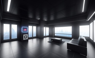 sci-fi room furnished with huge windows