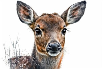 A watercolor portrait of a cute deer up close. Stands out against a white background. Hand drawn picture of Christmas. Design for a winter greeting card with animals. Generative AI