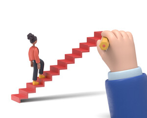 3D illustration of smiling african american woman Coco is climbing career ladder. Human hand drawing stairs close up. Concept of business development. 3D rendering on white background.
