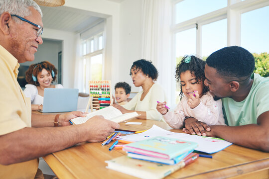 Big Family, Learning And Education For Children At A Table With Parents And Grandparents In Their. Productive, Kids And Seniors With Young Mother And Father Bonding With Educational Activities