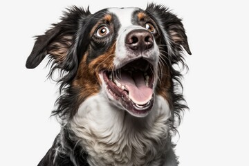 A picture of a hungry dog with its tongue out, licking its lips. Against a white background. Generative AI
