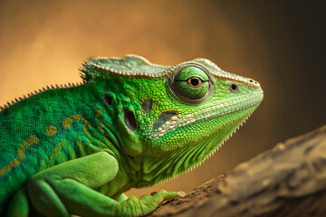 Fototapeta premium Close-up face of a green chameleon on blur background