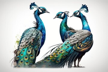 Obraz premium There are two peacocks on a white background. Generative AI