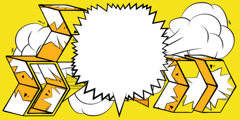 White Comic book speech bubble with yellow Comics abstract arrow Symbols. Retro pop art Direction Sign, background poster.