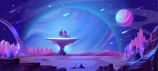 Alien planet surface with neon color stones and meteor shower in night sky. Vector cartoon illustration of space adventure game background with stone platform, stars and asteroids flying in cosmos © klyaksun