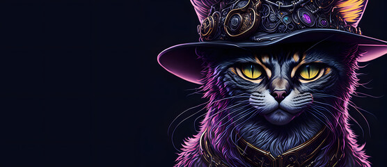 A colorful portrait of a steampunk cat on black background. Generative AI