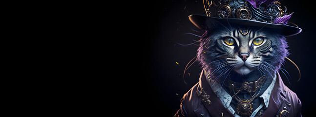 A colorful portrait of a steampunk cat on black background. Generative AI