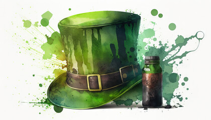  St.Patrick's day celebration background. Leprechaun green hat and green beer Generative ai