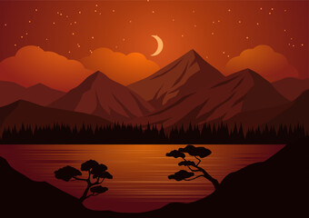 Mountain night landscape with moon and stars. Vector flat design landscape illustration