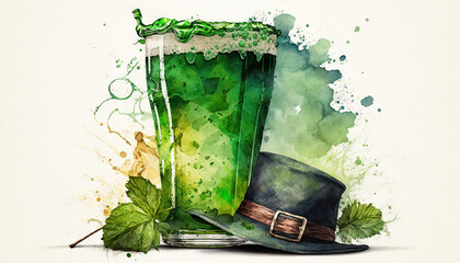 Fototapeta na wymiar St.Patrick's day celebration background. Leprechaun green hat and green beer Generative ai