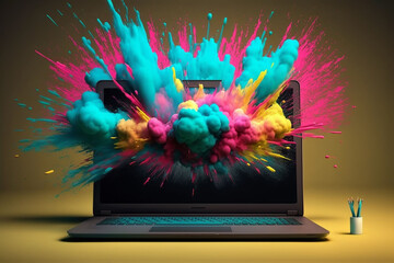 Colorful powder paint coming out of a laptop. Generative AI.