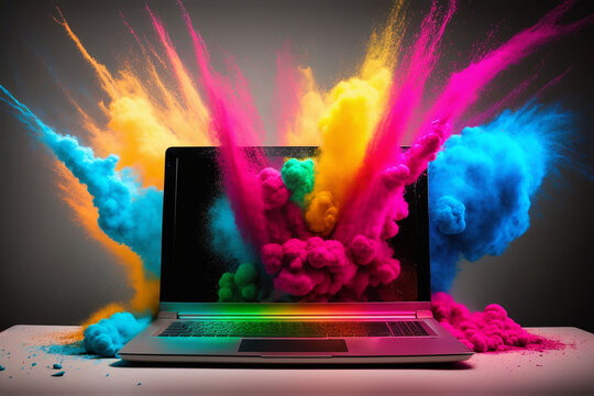 Colorful Powder Paint Coming Out Of A Laptop. Generative AI.