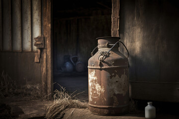 old rusty milk can, standing in front of a big barn of a farmhouse