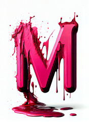 Concept of creative letter M, flat lay. Character from the alphabet for the celebration, a spilled explosion of viva magenta paint on white background. Illustration. Generative AI.