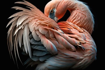 Fototapeta premium Flamingo's neck twists and feathers on its wings. Generative AI