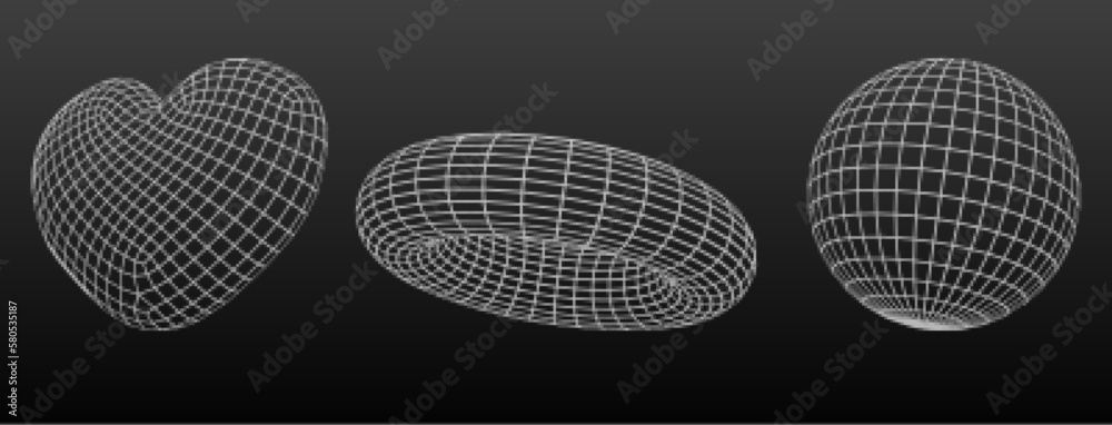 Wall mural 3d wireframe heart line shape. abstract geometric mesh polygon sphere graphic object. outline white 