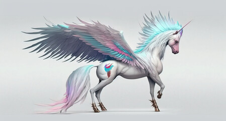 Obraz na płótnie Canvas Pegasus animal abstract stallion wallpaper. Contrast background mythical horse with wings in Pastel colors generative ai
