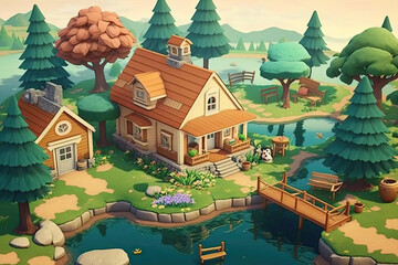small animated 3d world, a cottage with shed, landscaped ponds, green trees