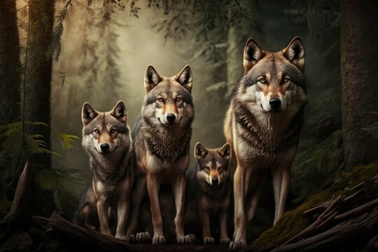 A grey wolf family in the woods. Generative AI