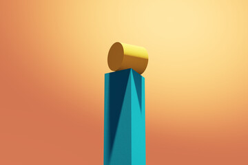 A cylinder is balancing at the edge of a column block shape. Balance, achievement, victory, accomplishment and performance concepts.