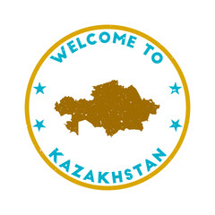 Welcome to Kazakhstan stamp. Grunge country round stamp with texture in Gummy Dolphins color theme. Vintage style geometric Kazakhstan seal. Powerful vector illustration.