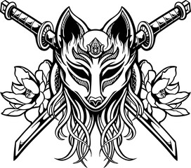 line art of  kitsune  with japanese samurai mask