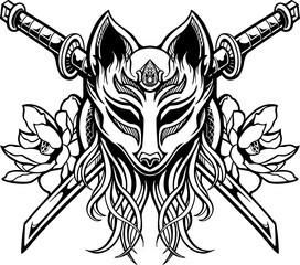line art of  kitsune  with japanese samurai mask