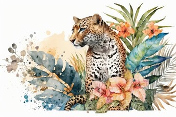 Watercolor decoration with a cute leopard and tropical flowers on a white background. Generative AI